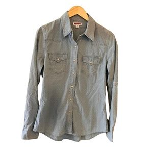 True Religion Chambray Pearl Snap Button Up Long Sleeve Top Size Medium Blue